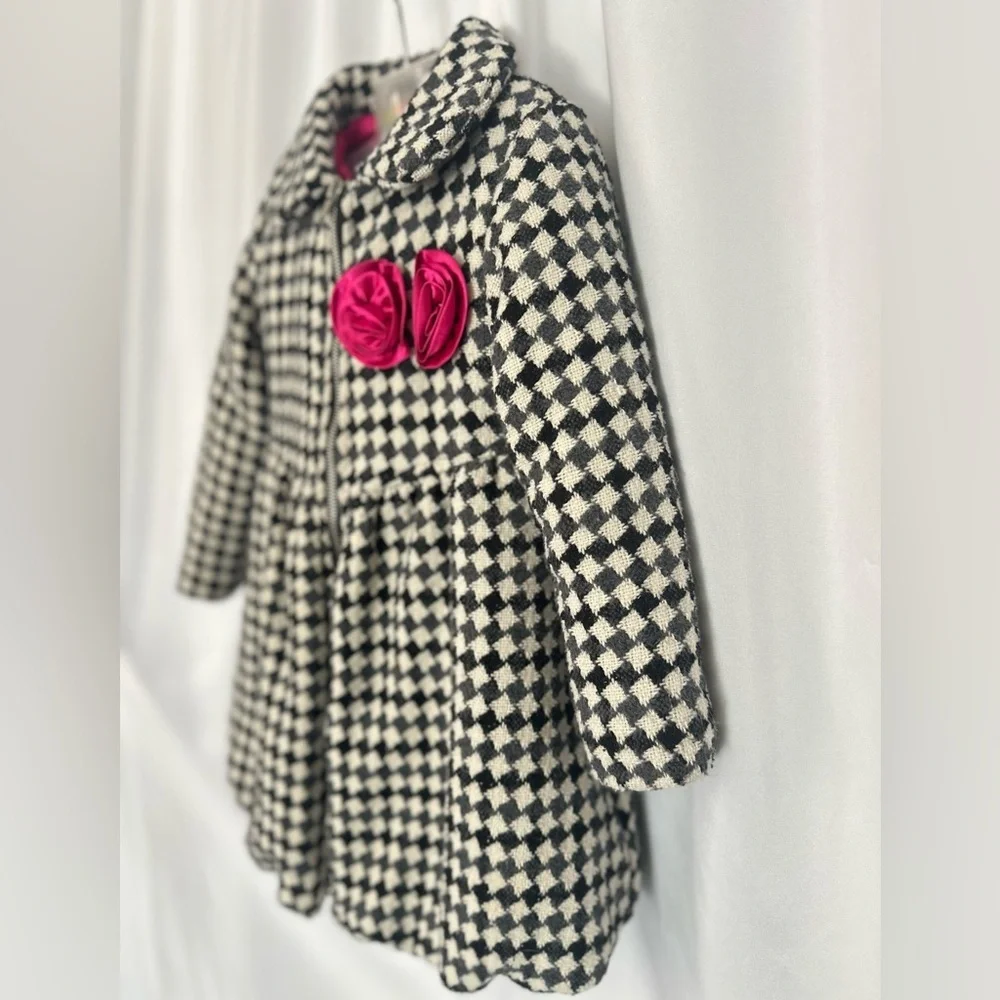 Penelope Mack Girls Black & White Houndstooth Coat PinkSatinLining Size 4T(1247)